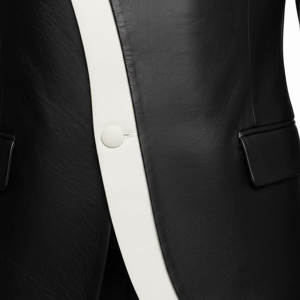 Men's Black Sheep Leather Asymmetrical Neck Long Sleeve Contrast Binding Jacket