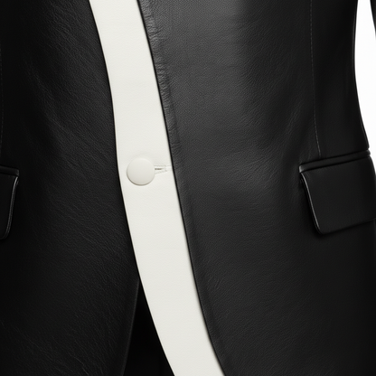 Men's Black Sheep Leather Asymmetrical Neck Long Sleeve Contrast Binding Jacket