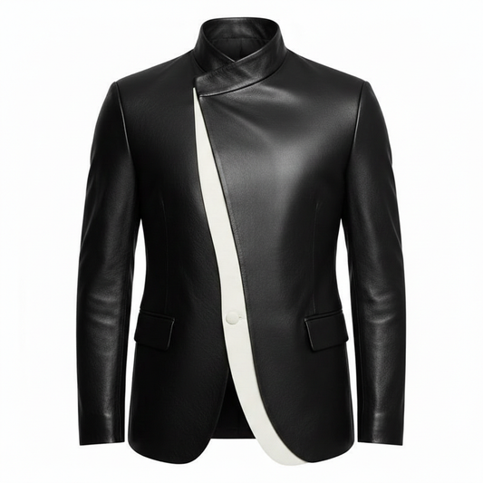 Men's Black Sheep Leather Asymmetrical Neck Long Sleeve Contrast Binding Jacket