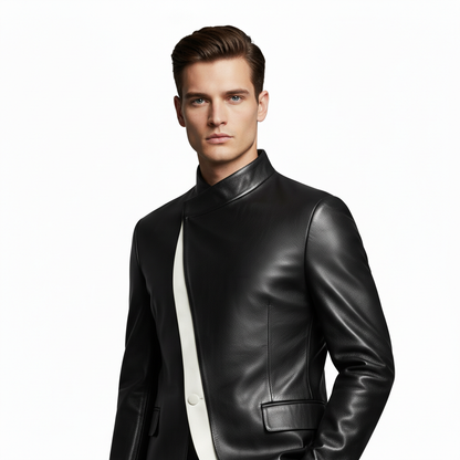 Men's Black Sheep Leather Asymmetrical Neck Long Sleeve Contrast Binding Jacket