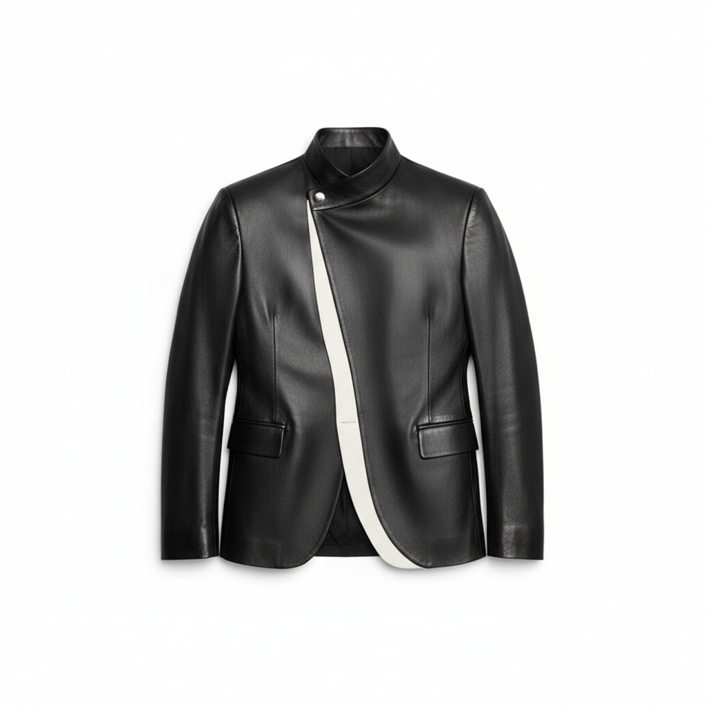 Men's Black Sheep Leather Asymmetrical Neck Long Sleeve Contrast Binding Jacket