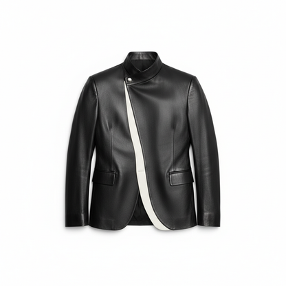 Men's Black Sheep Leather Asymmetrical Neck Long Sleeve Contrast Binding Jacket
