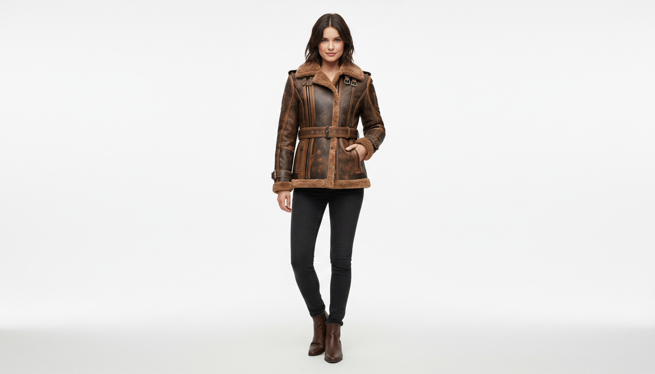 Women's Brown Shearling Leather Aviator Jacket B3 Bomber Real Leather Fur Coat