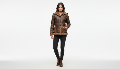 Women's Brown Shearling Leather Aviator Jacket B3 Bomber Real Leather Fur Coat