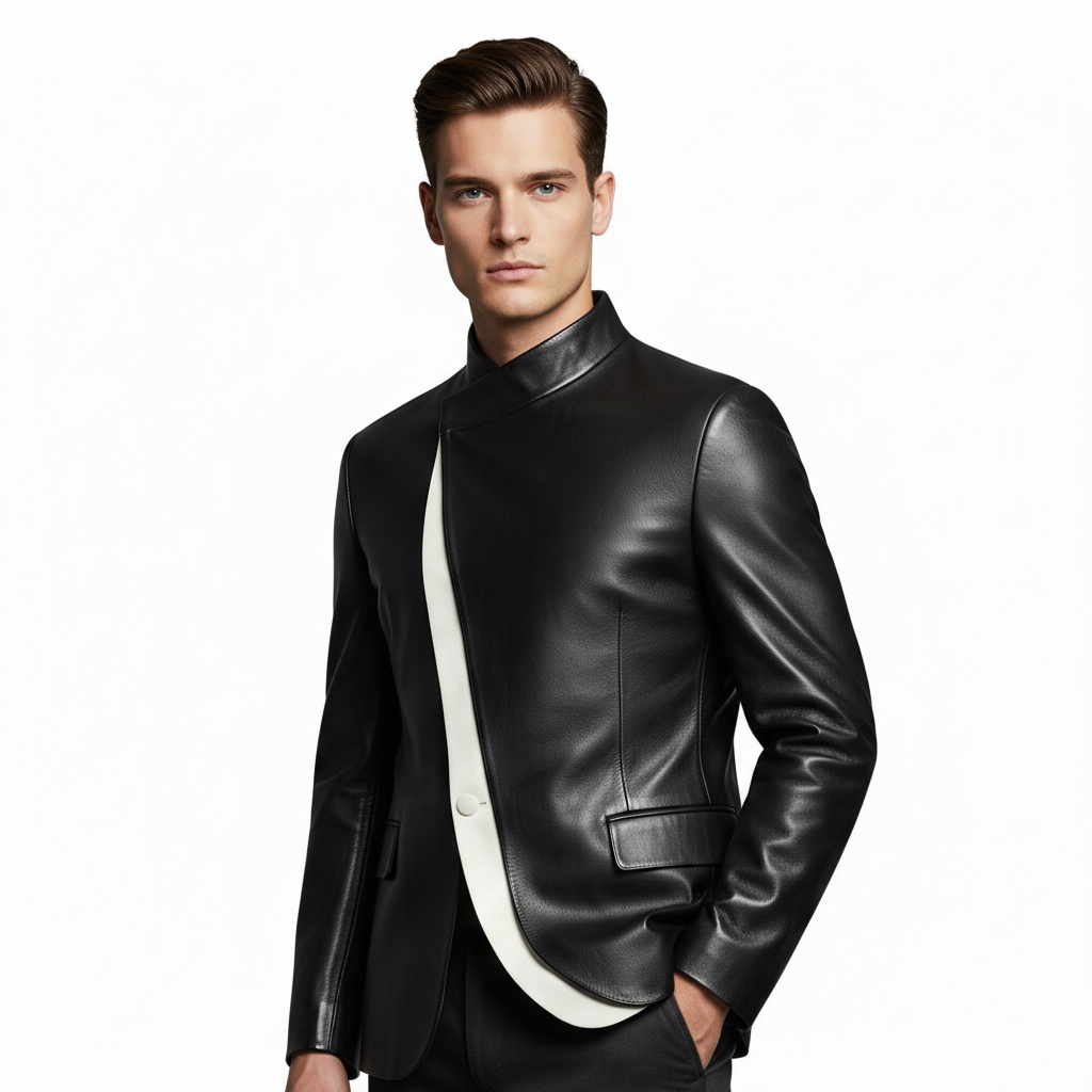 Men's Black Sheep Leather Asymmetrical Neck Long Sleeve Contrast Binding Jacket