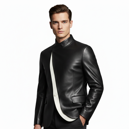 Men's Black Sheep Leather Asymmetrical Neck Long Sleeve Contrast Binding Jacket