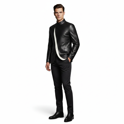 Men's Black Sheep Leather Asymmetrical Neck Long Sleeve Contrast Binding Jacket