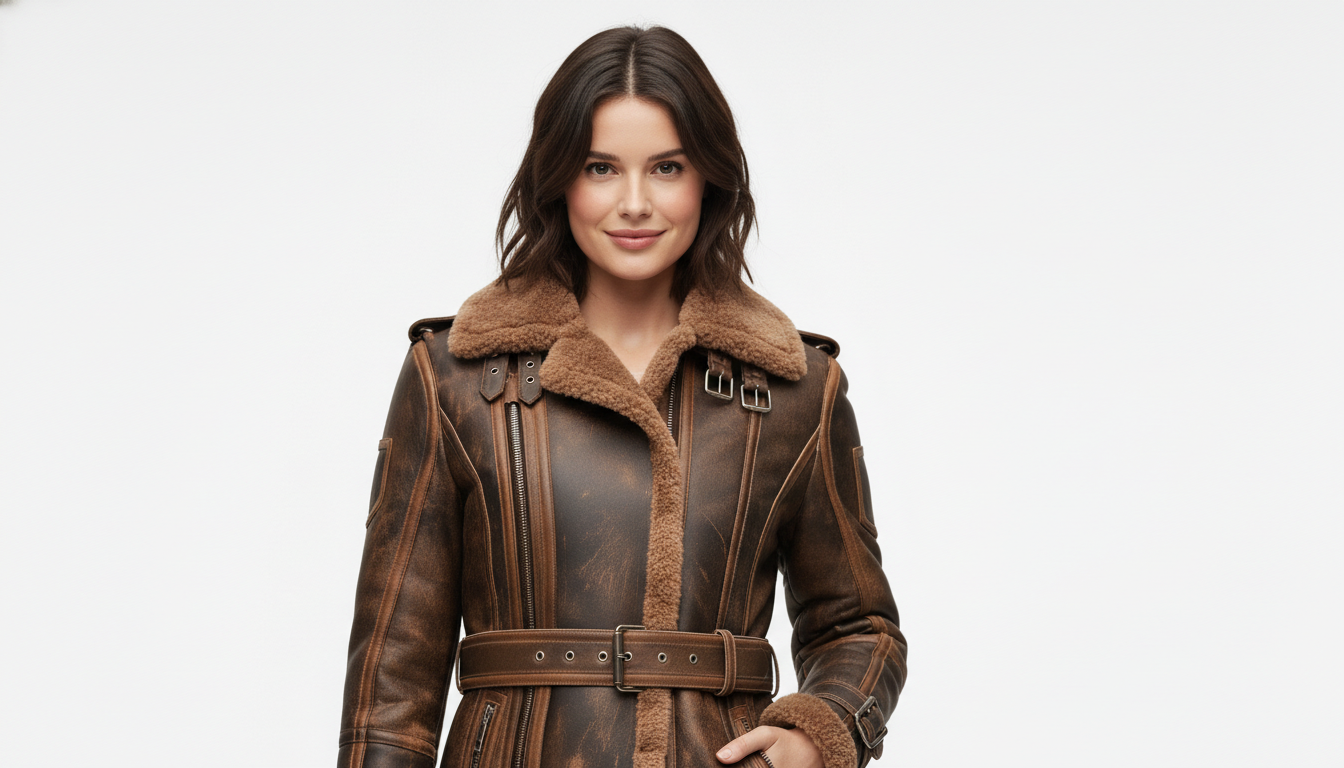 Women's Brown Shearling Leather Aviator Jacket B3 Bomber Real Leather Fur Coat