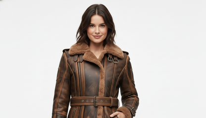 Women's Brown Shearling Leather Aviator Jacket B3 Bomber Real Leather Fur Coat