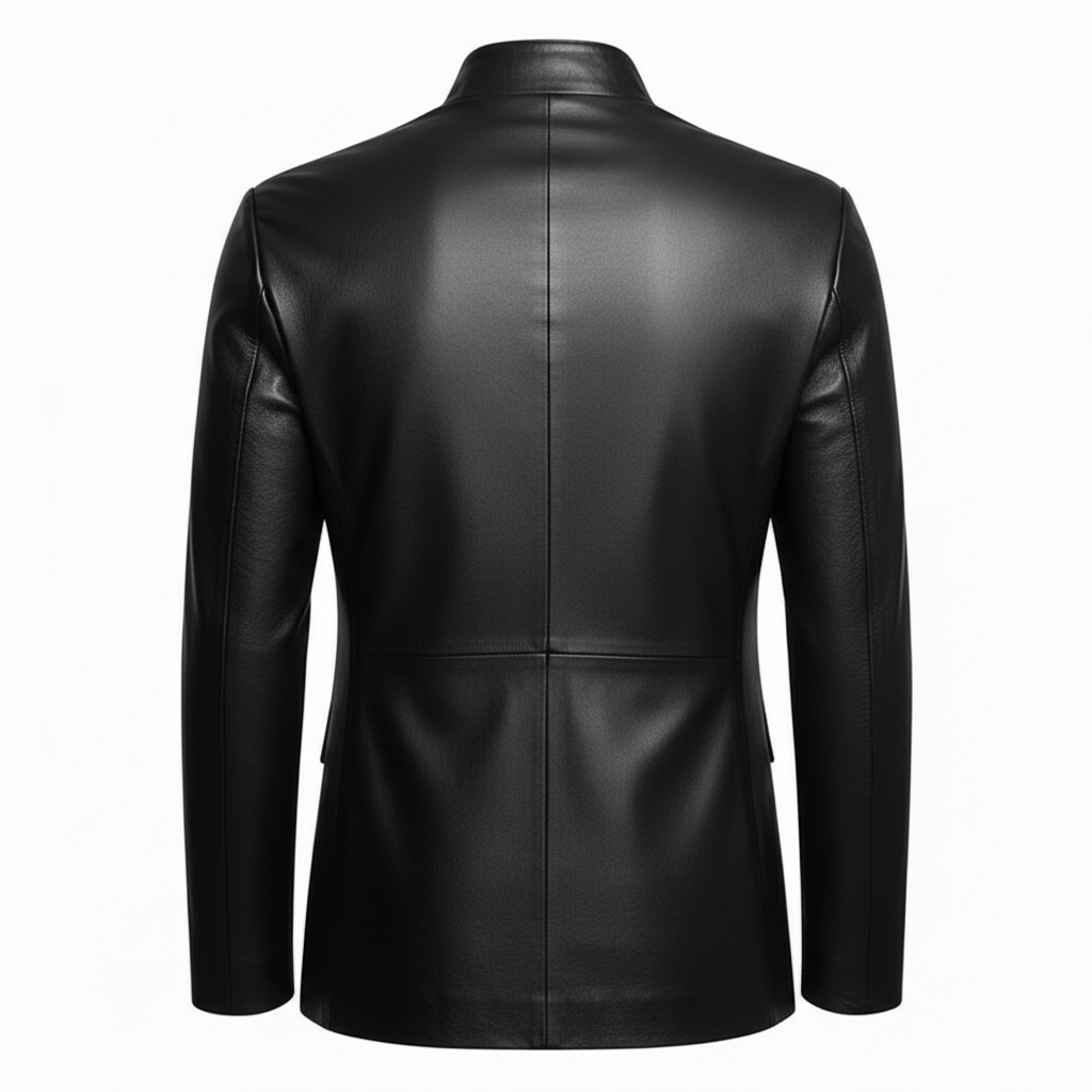 Men's Black Sheep Leather Asymmetrical Neck Long Sleeve Contrast Binding Jacket