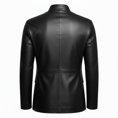 Men's Black Sheep Leather Asymmetrical Neck Long Sleeve Contrast Binding Jacket