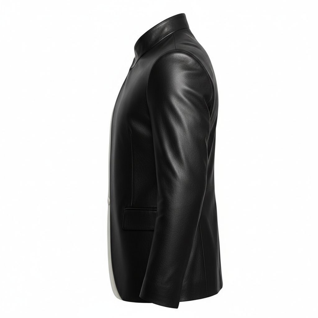 Men's Black Sheep Leather Asymmetrical Neck Long Sleeve Contrast Binding Jacket