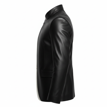Men's Black Sheep Leather Asymmetrical Neck Long Sleeve Contrast Binding Jacket