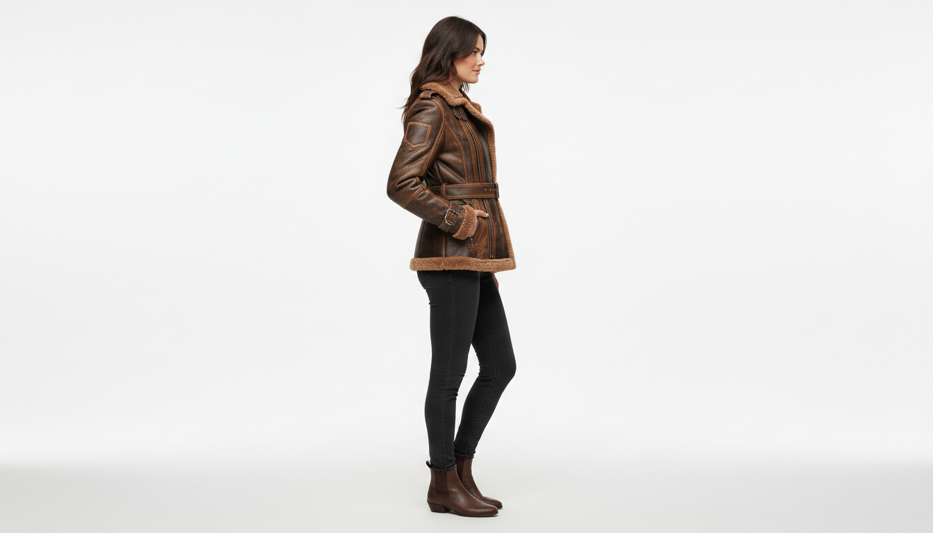 Women's Brown Shearling Leather Aviator Jacket B3 Bomber Real Leather Fur Coat