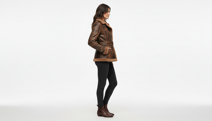 Women's Brown Shearling Leather Aviator Jacket B3 Bomber Real Leather Fur Coat