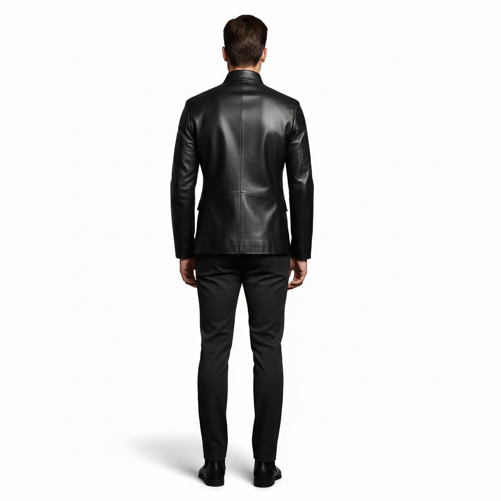 Men's Black Sheep Leather Asymmetrical Neck Long Sleeve Contrast Binding Jacket
