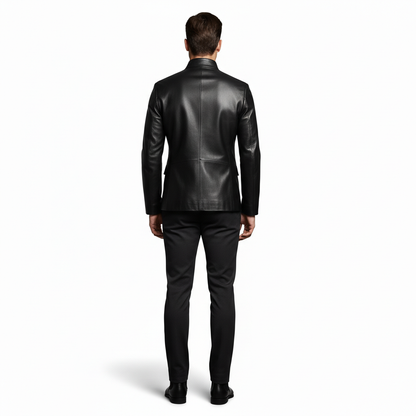 Men's Black Sheep Leather Asymmetrical Neck Long Sleeve Contrast Binding Jacket