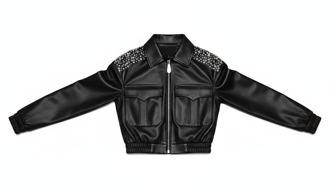 Women’s Black Sheep Leather Cropped Jacket Crystal Embellished Fashion Outerwear