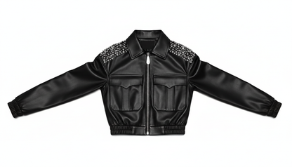 Women’s Black Sheep Leather Cropped Jacket Crystal Embellished Fashion Outerwear