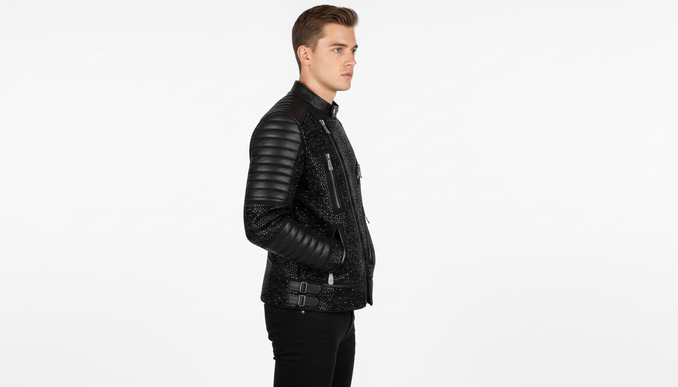 Mens Black Crystal Motorcycle Biker Leather Jacket Moto Rhinestone Slim Fit