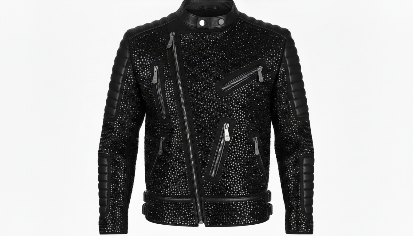 Mens Black Crystal Motorcycle Biker Leather Jacket Moto Rhinestone Slim Fit