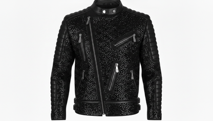 Mens Black Crystal Motorcycle Biker Leather Jacket Moto Rhinestone Slim Fit