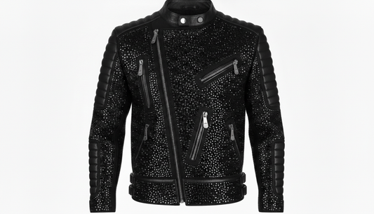 Mens Black Crystal Motorcycle Biker Leather Jacket Moto Rhinestone Slim Fit