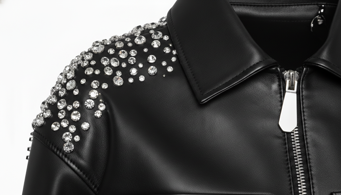 Women’s Black Sheep Leather Cropped Jacket Crystal Embellished Fashion Outerwear