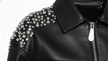 Women’s Black Sheep Leather Cropped Jacket Crystal Embellished Fashion Outerwear