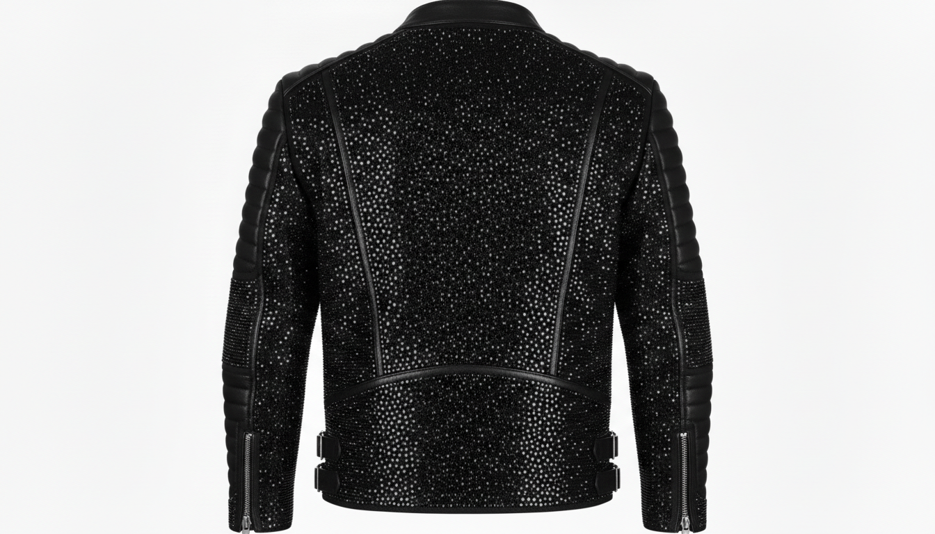 Mens Black Crystal Motorcycle Biker Leather Jacket Moto Rhinestone Slim Fit