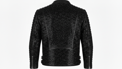 Mens Black Crystal Motorcycle Biker Leather Jacket Moto Rhinestone Slim Fit