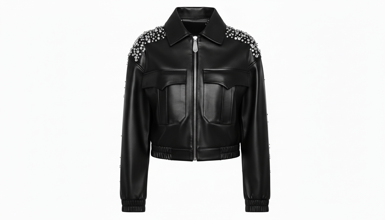 Women’s Black Sheep Leather Cropped Jacket Crystal Embellished Fashion Outerwear