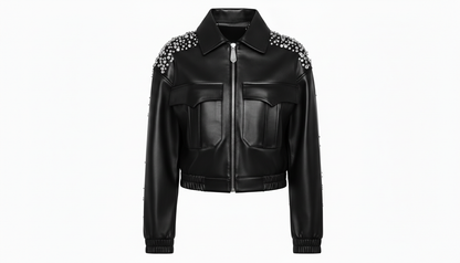 Women’s Black Sheep Leather Cropped Jacket Crystal Embellished Fashion Outerwear