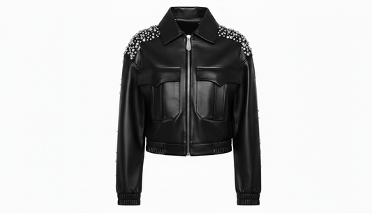 Women’s Black Sheep Leather Cropped Jacket Crystal Embellished Fashion Outerwear