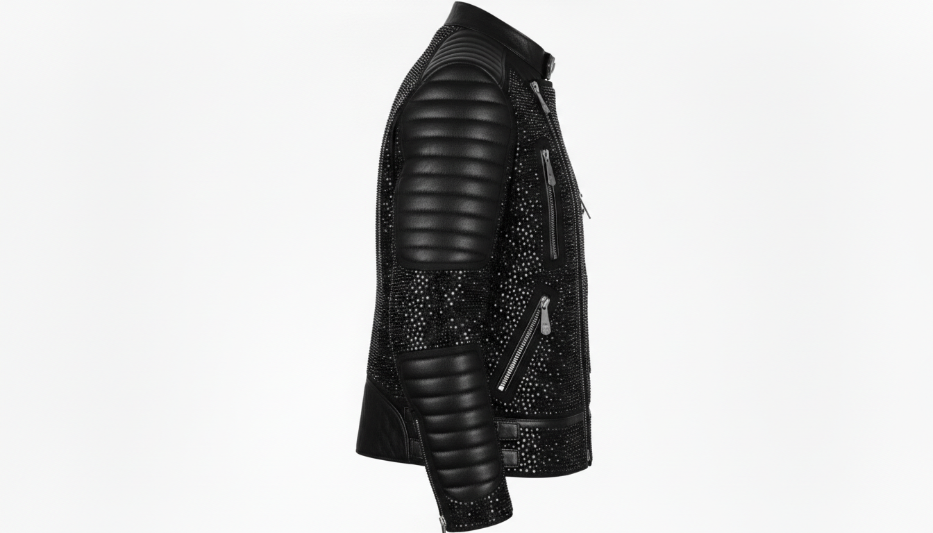 Mens Black Crystal Motorcycle Biker Leather Jacket Moto Rhinestone Slim Fit