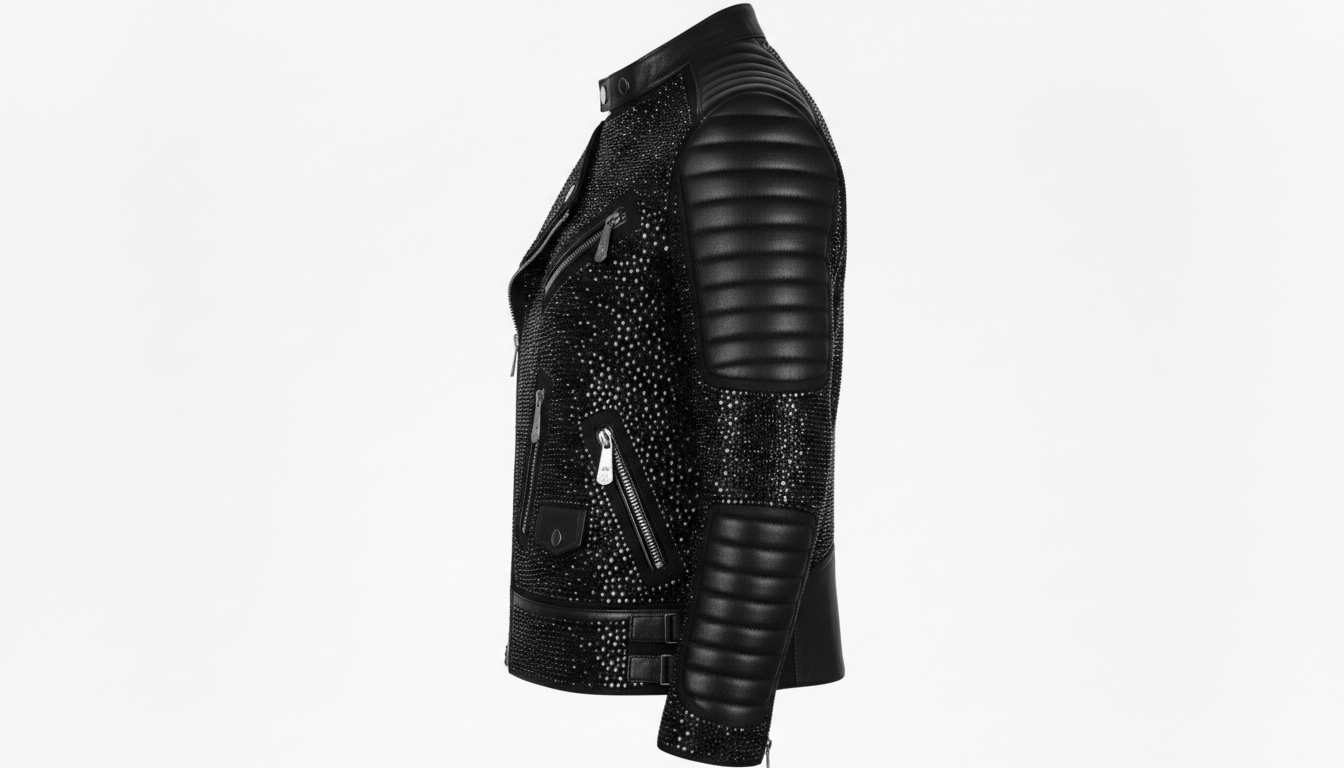 Mens Black Crystal Motorcycle Biker Leather Jacket Moto Rhinestone Slim Fit