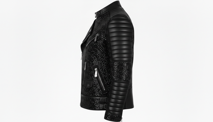Mens Black Crystal Motorcycle Biker Leather Jacket Moto Rhinestone Slim Fit