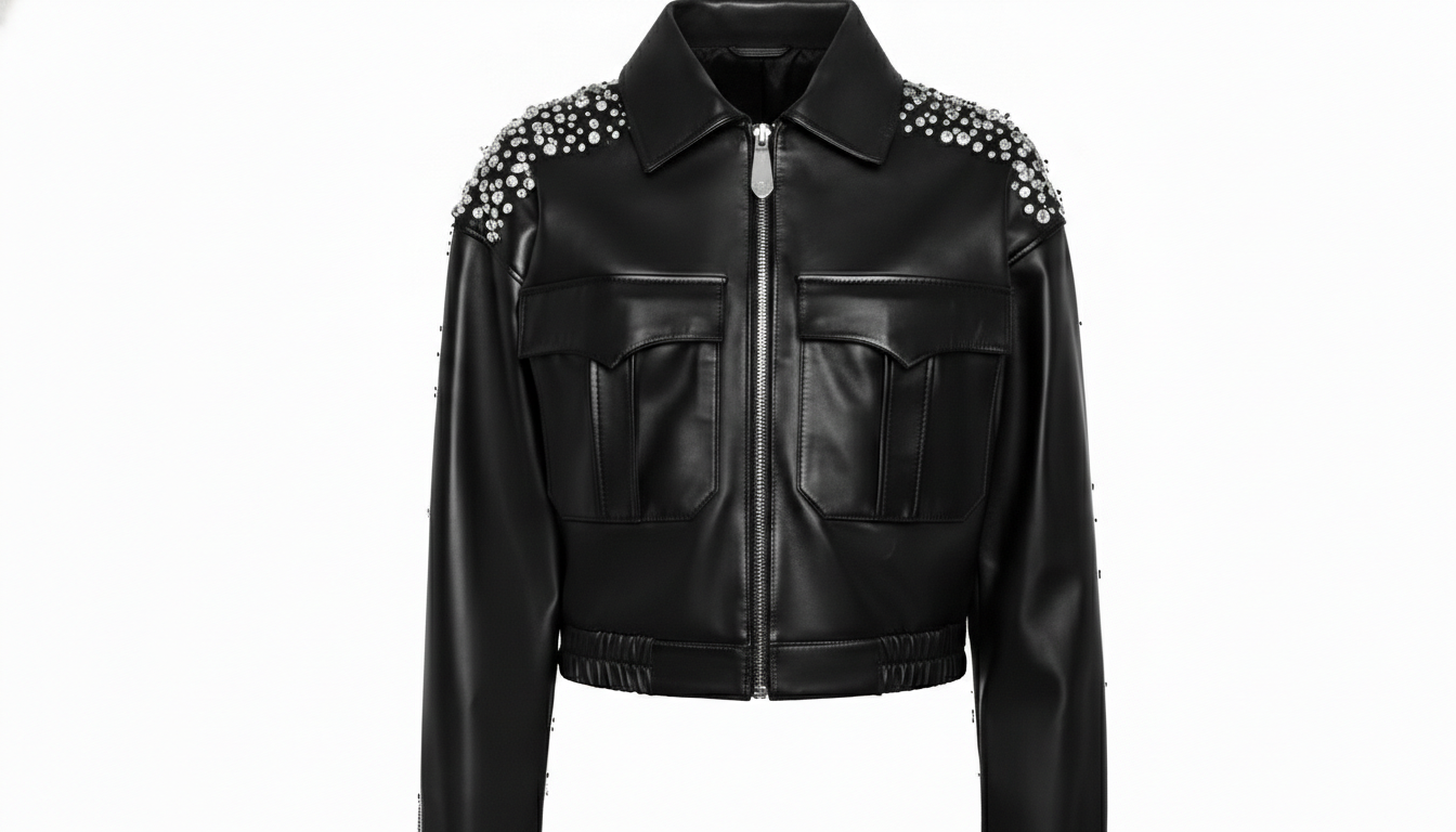 Women’s Black Sheep Leather Cropped Jacket Crystal Embellished Fashion Outerwear