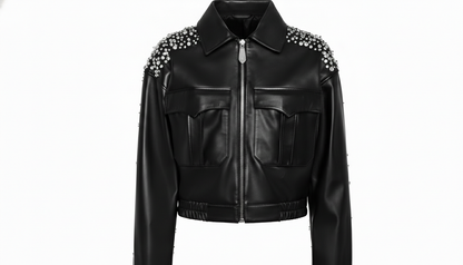 Women’s Black Sheep Leather Cropped Jacket Crystal Embellished Fashion Outerwear