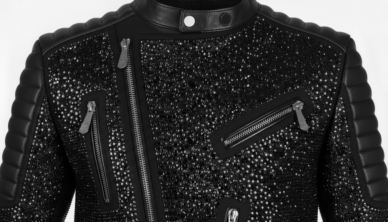 Mens Black Crystal Motorcycle Biker Leather Jacket Moto Rhinestone Slim Fit