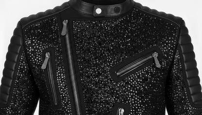 Mens Black Crystal Motorcycle Biker Leather Jacket Moto Rhinestone Slim Fit