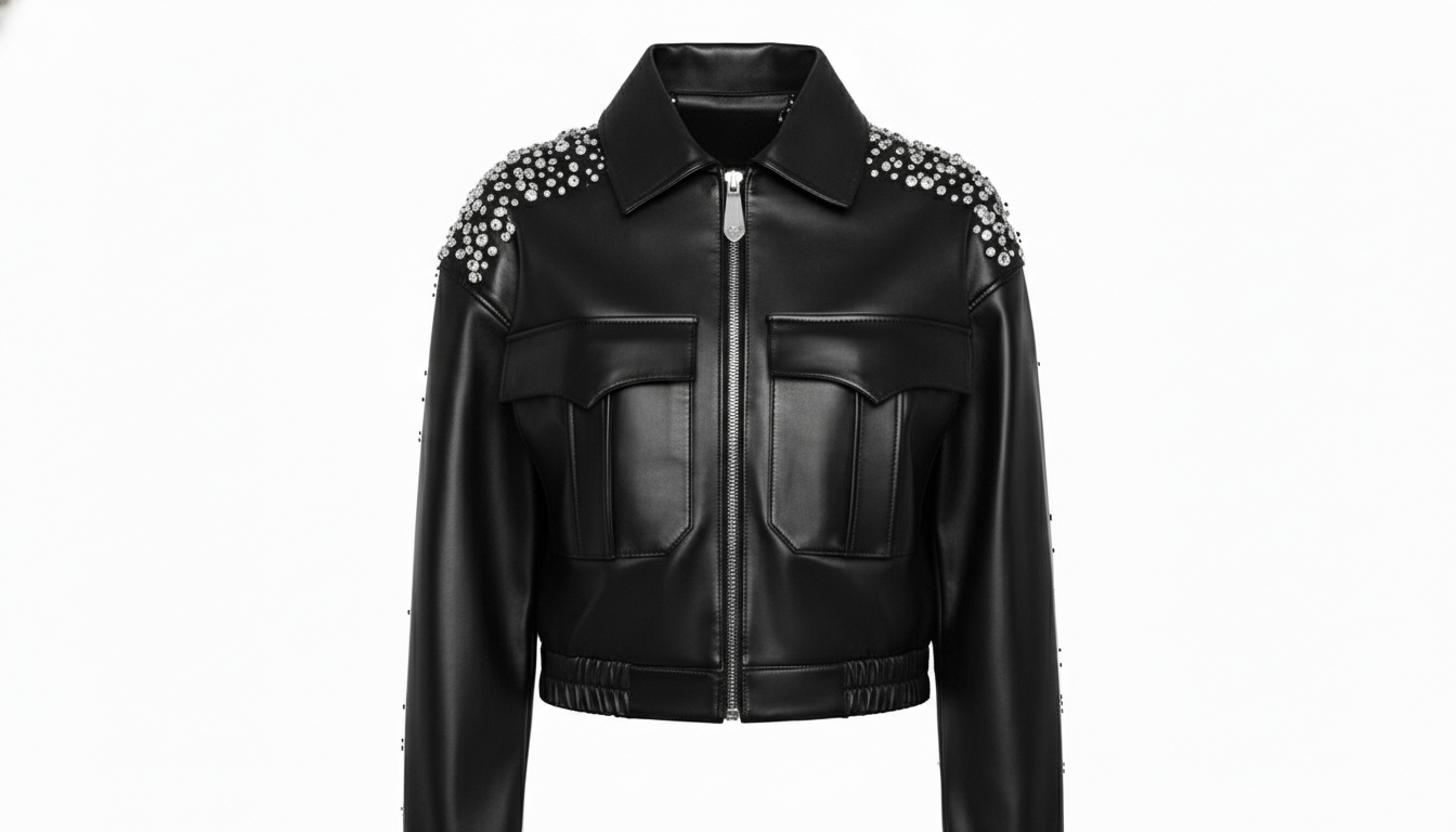 Women’s Black Sheep Leather Cropped Jacket Crystal Embellished Fashion Outerwear