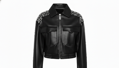 Women’s Black Sheep Leather Cropped Jacket Crystal Embellished Fashion Outerwear
