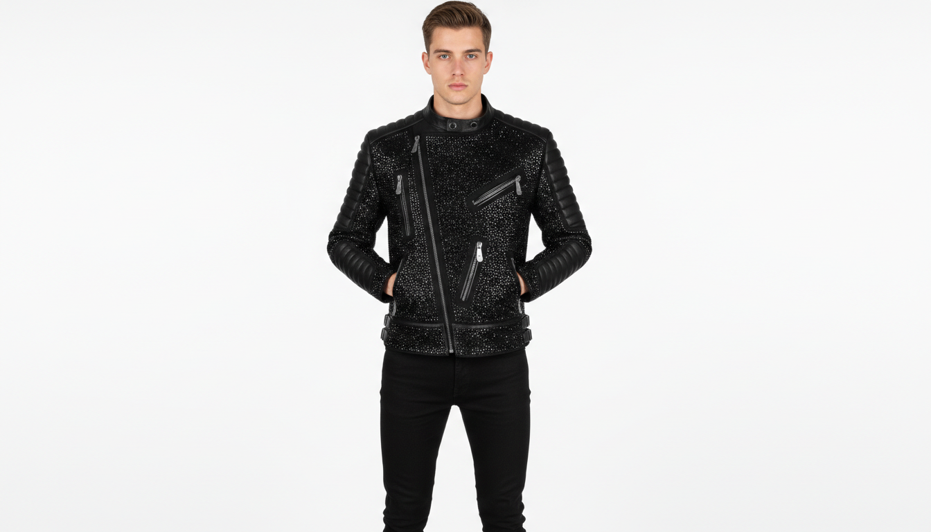 Mens Black Crystal Motorcycle Biker Leather Jacket Moto Rhinestone Slim Fit