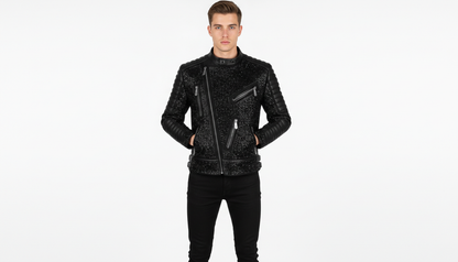 Mens Black Crystal Motorcycle Biker Leather Jacket Moto Rhinestone Slim Fit