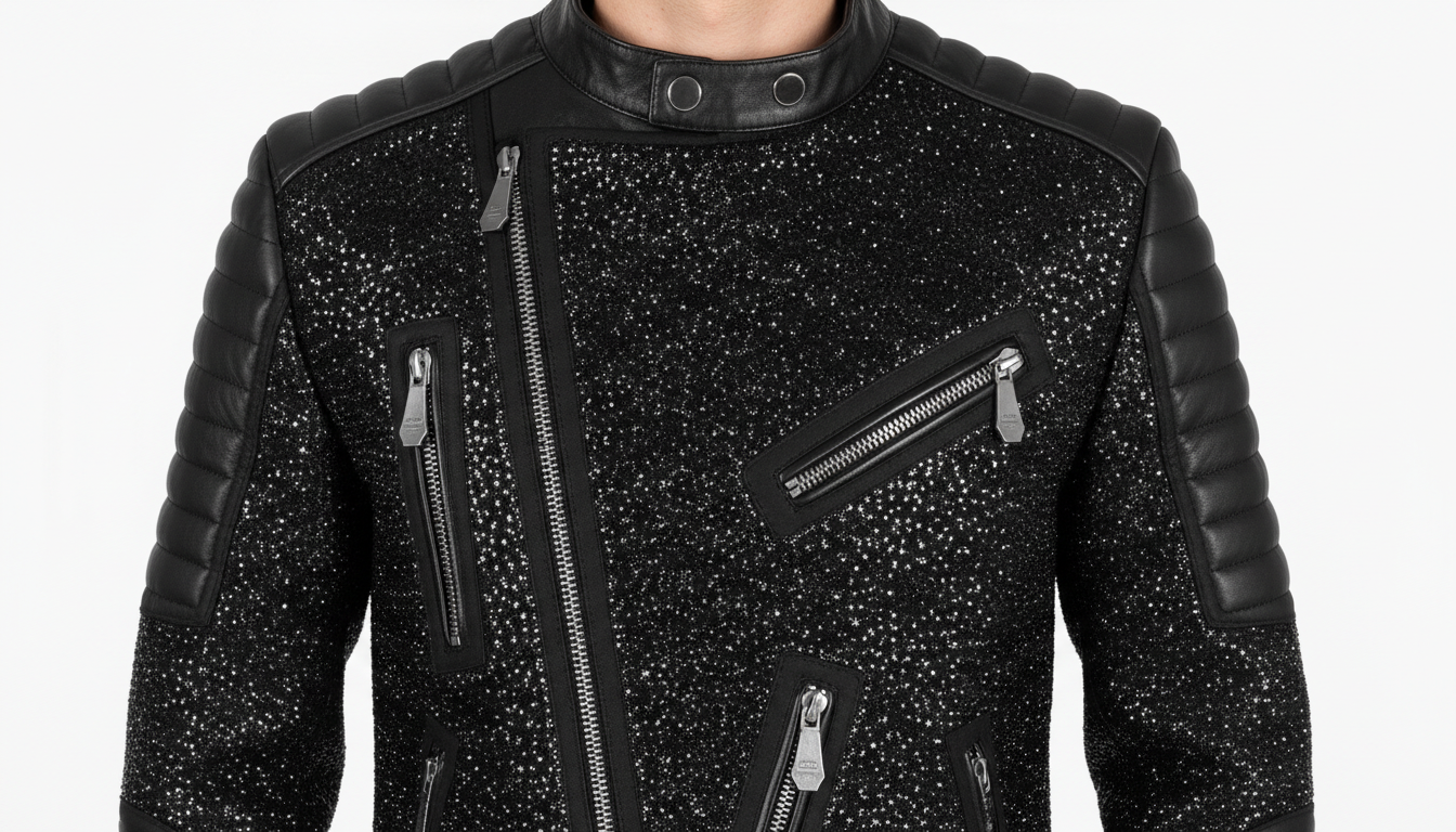 Mens Black Crystal Motorcycle Biker Leather Jacket Moto Rhinestone Slim Fit