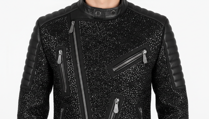Mens Black Crystal Motorcycle Biker Leather Jacket Moto Rhinestone Slim Fit