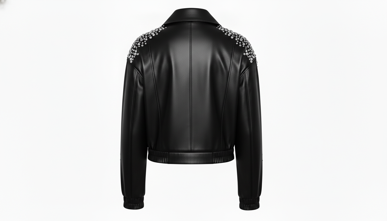 Women’s Black Sheep Leather Cropped Jacket Crystal Embellished Fashion Outerwear