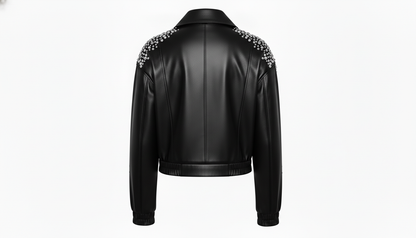 Women’s Black Sheep Leather Cropped Jacket Crystal Embellished Fashion Outerwear