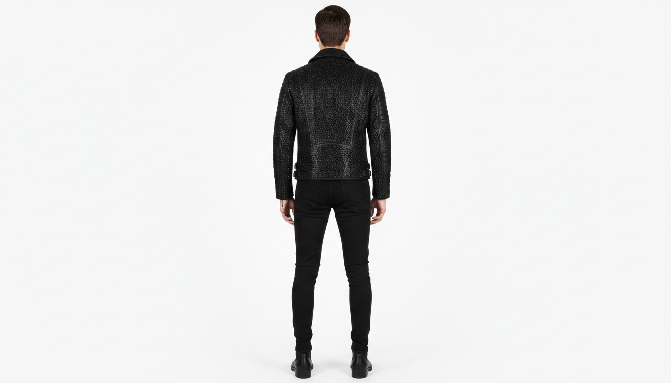 Mens Black Crystal Motorcycle Biker Leather Jacket Moto Rhinestone Slim Fit
